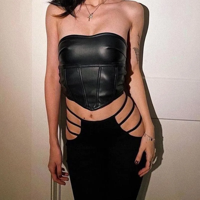 Leather Crop Tube Top Off Shoulder Strapless Tank Top