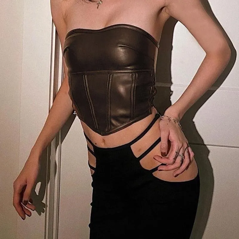 Leather Crop Tube Top Off Shoulder Strapless Tank Top