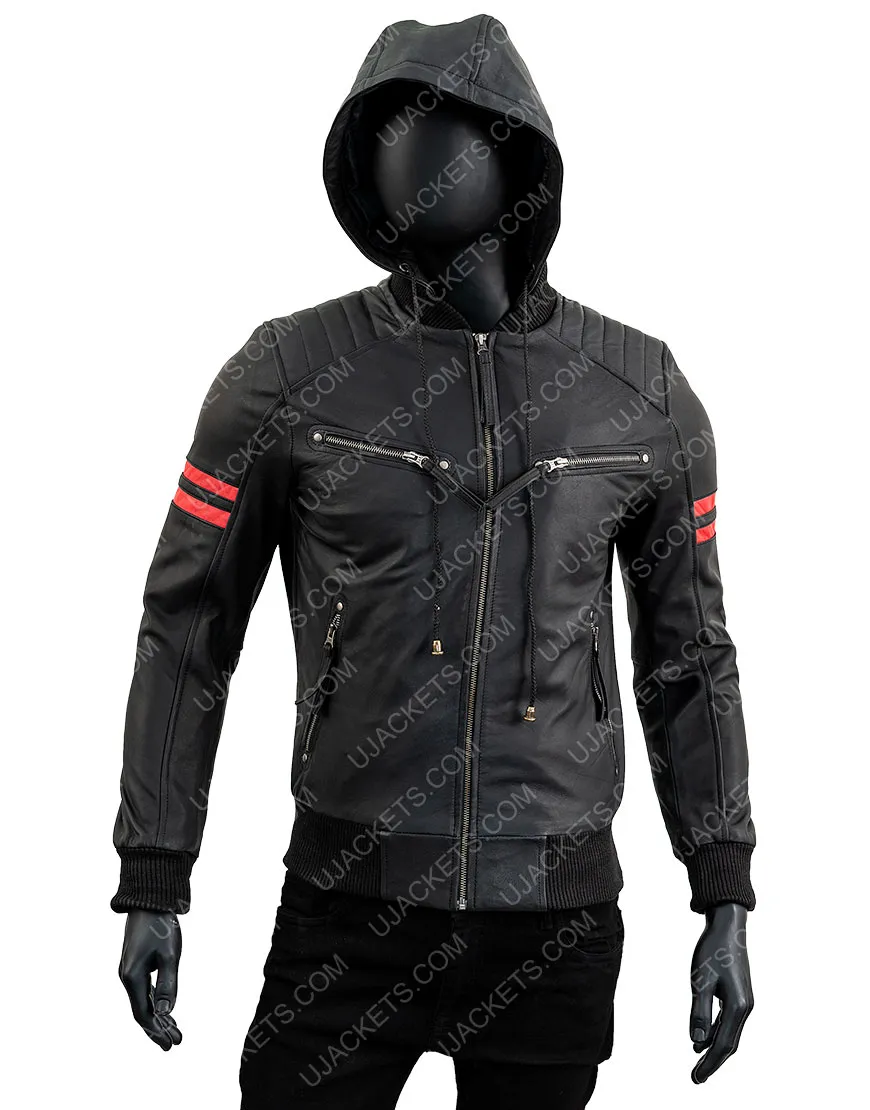 Men's Biker Black Leather Hooded Jacket | Free Shipping | ujackets.com