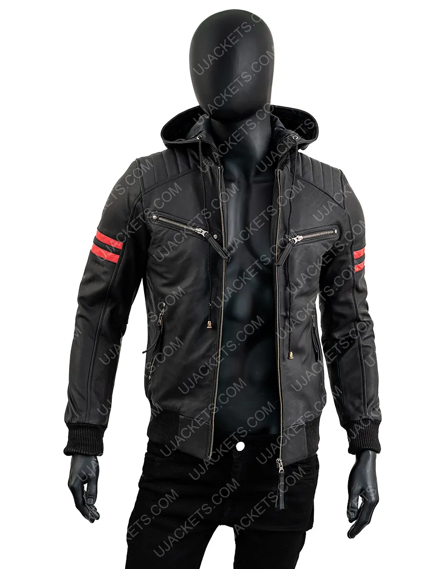 Men's Biker Black Leather Hooded Jacket | Free Shipping | ujackets.com