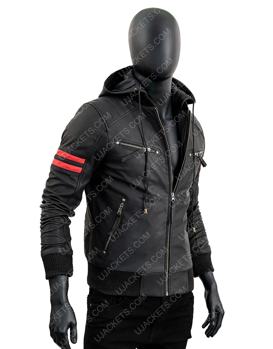 Men's Biker Black Leather Hooded Jacket | Free Shipping | ujackets.com