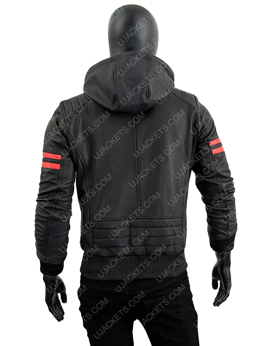 Men's Biker Black Leather Hooded Jacket | Free Shipping | ujackets.com