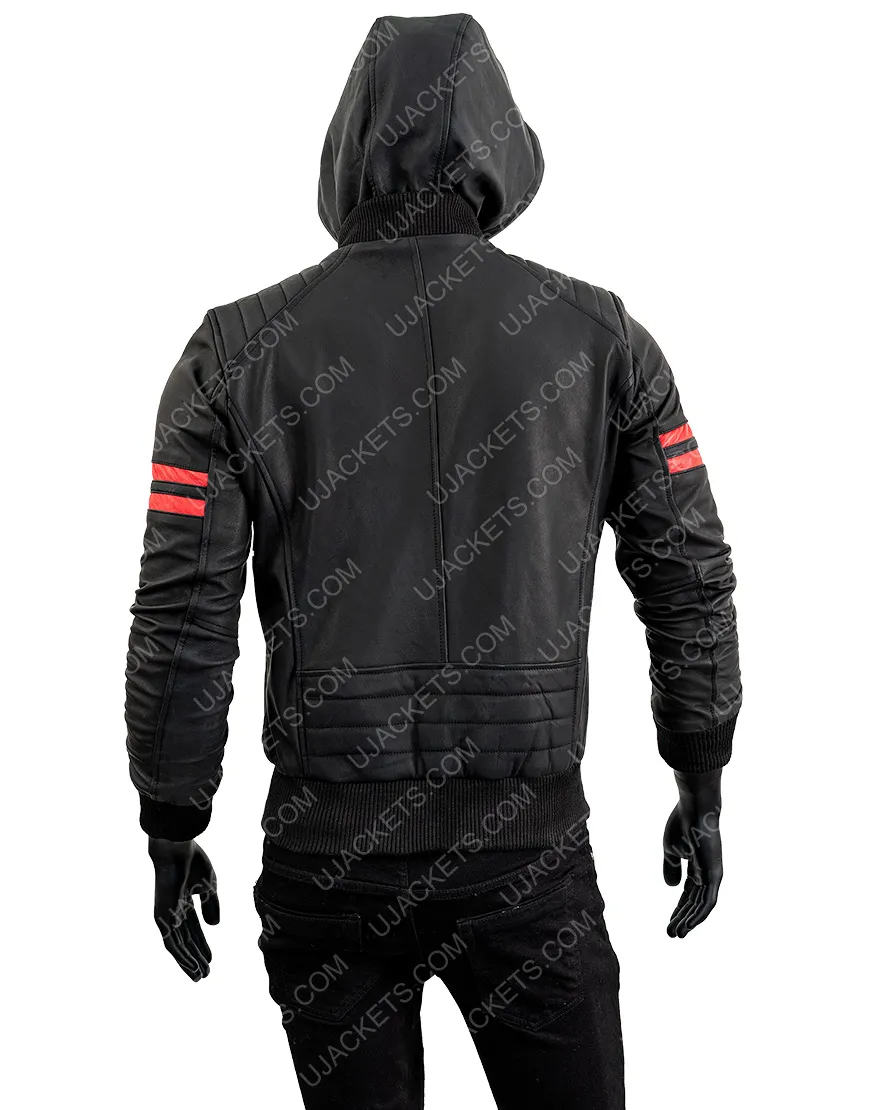 Men's Biker Black Leather Hooded Jacket | Free Shipping | ujackets.com