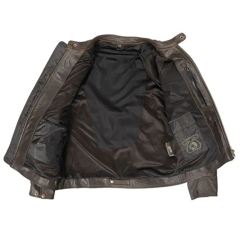 Mens Brown Leather Motorcycle Bomber Jacket