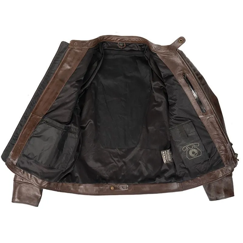 Mens Brown Leather Motorcycle Bomber Jacket