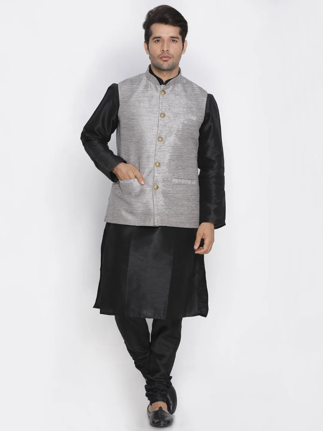 Men's Grey Cotton Silk Blend Ethnic Jacket