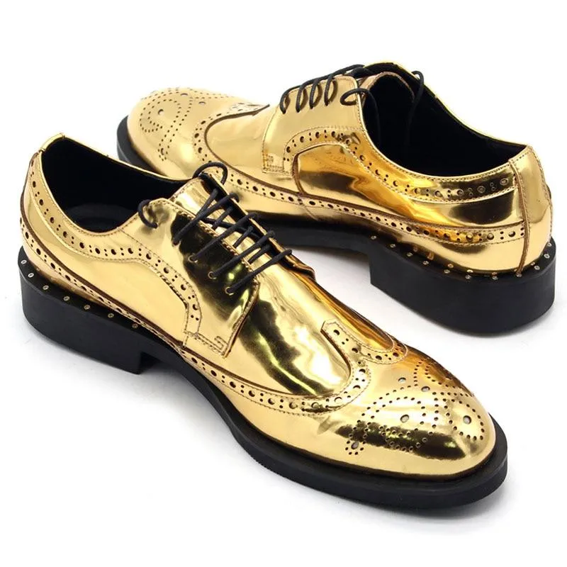 Men's Leather Lace Up Wing Tip Golden Brogue Shoes for Office