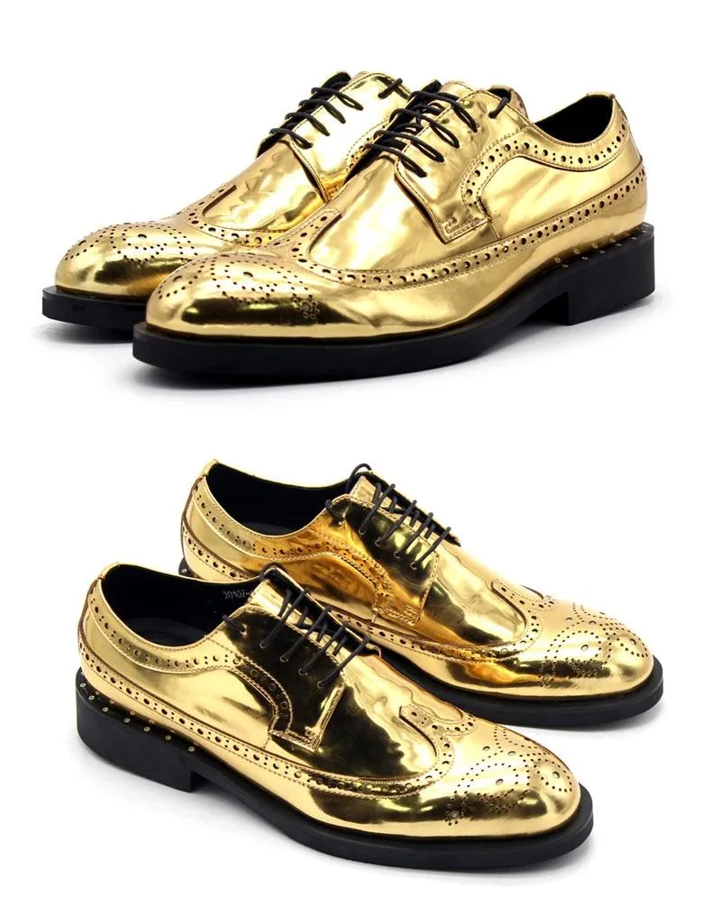 Men's Leather Lace Up Wing Tip Golden Brogue Shoes for Office