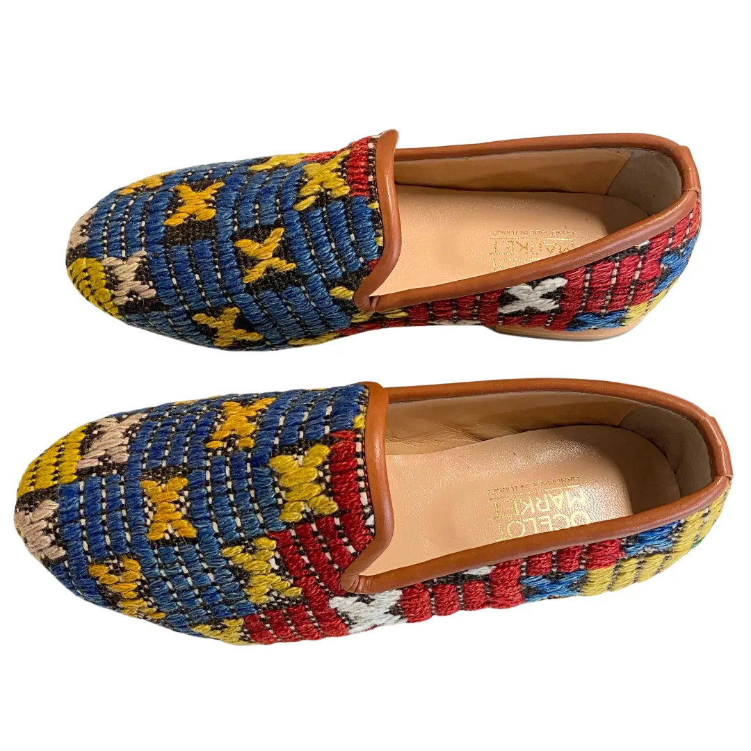 Men's Turkish Kilim Loafers | Blue with Yellow & Red