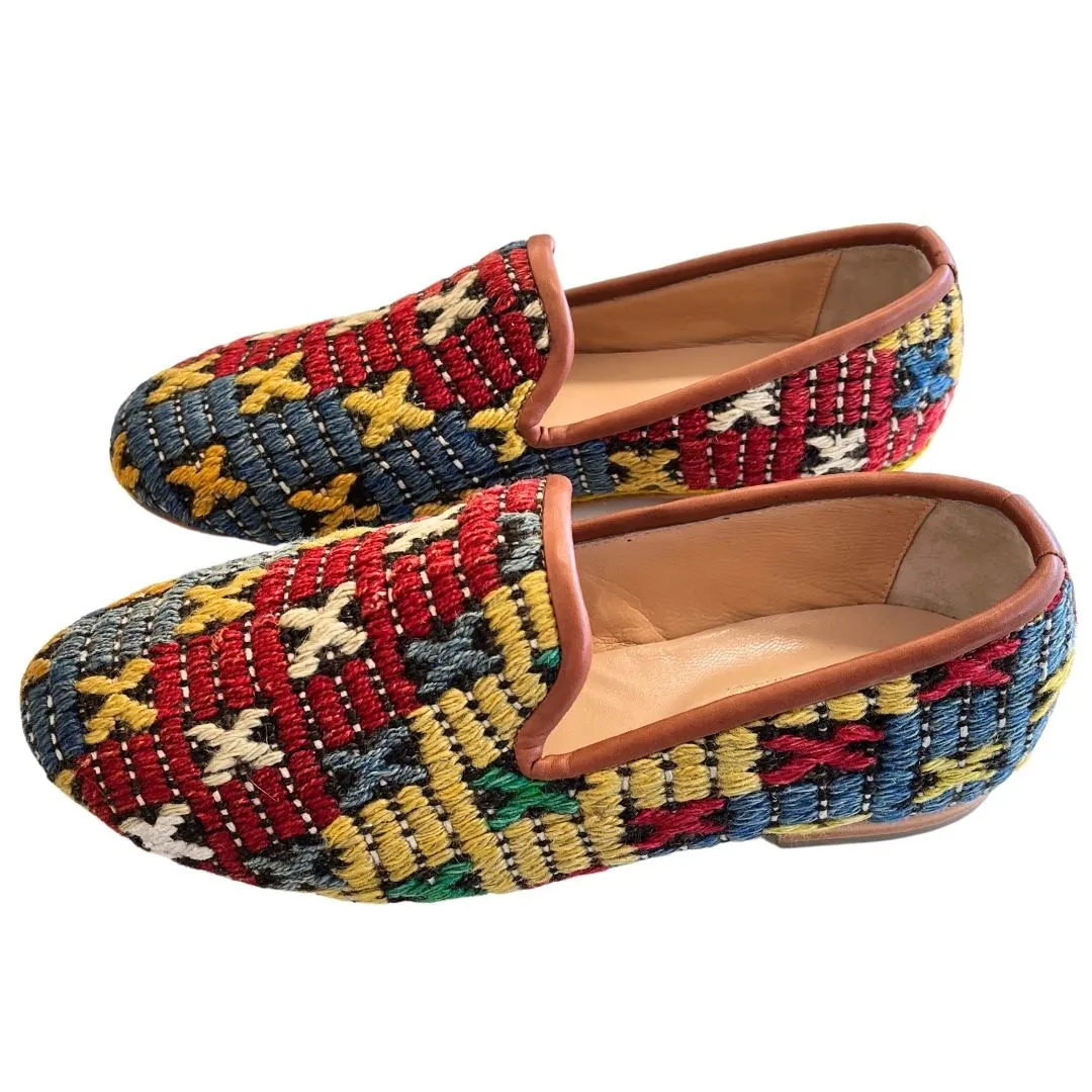 Men's Turkish Kilim Loafers | Red & Blue with Yellow