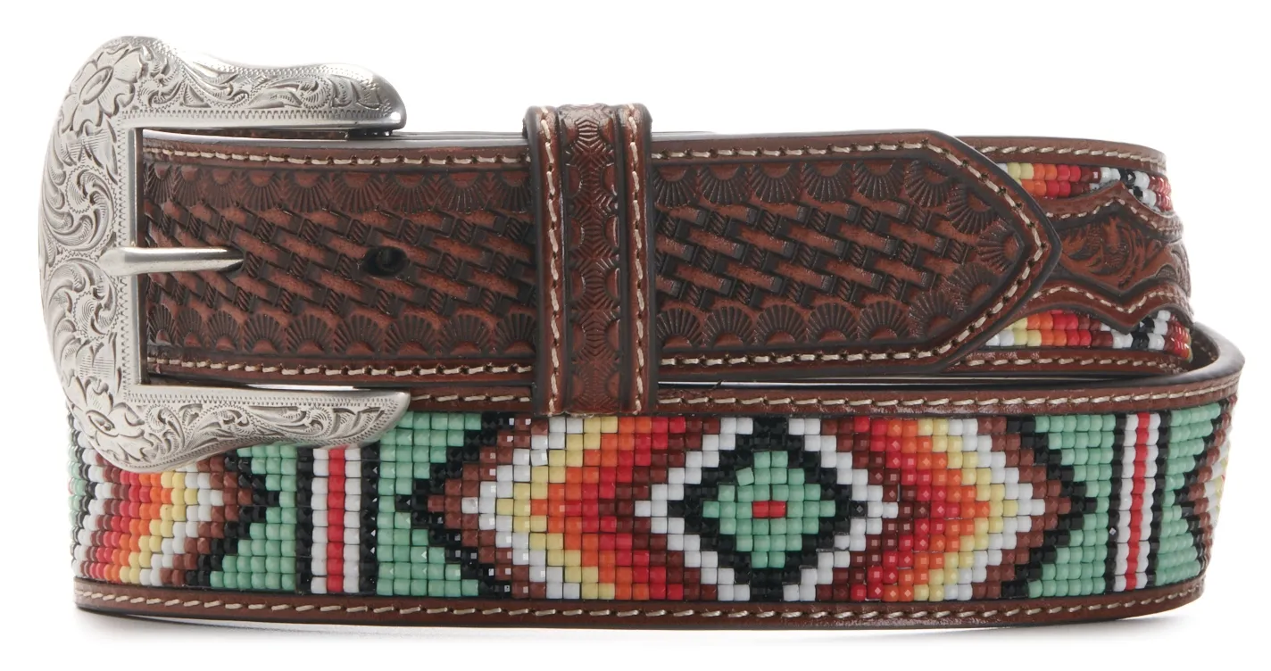 Nocona Men's Brown Leather Basket Weave with Sage Green Colorful Aztec Beading Western Belt