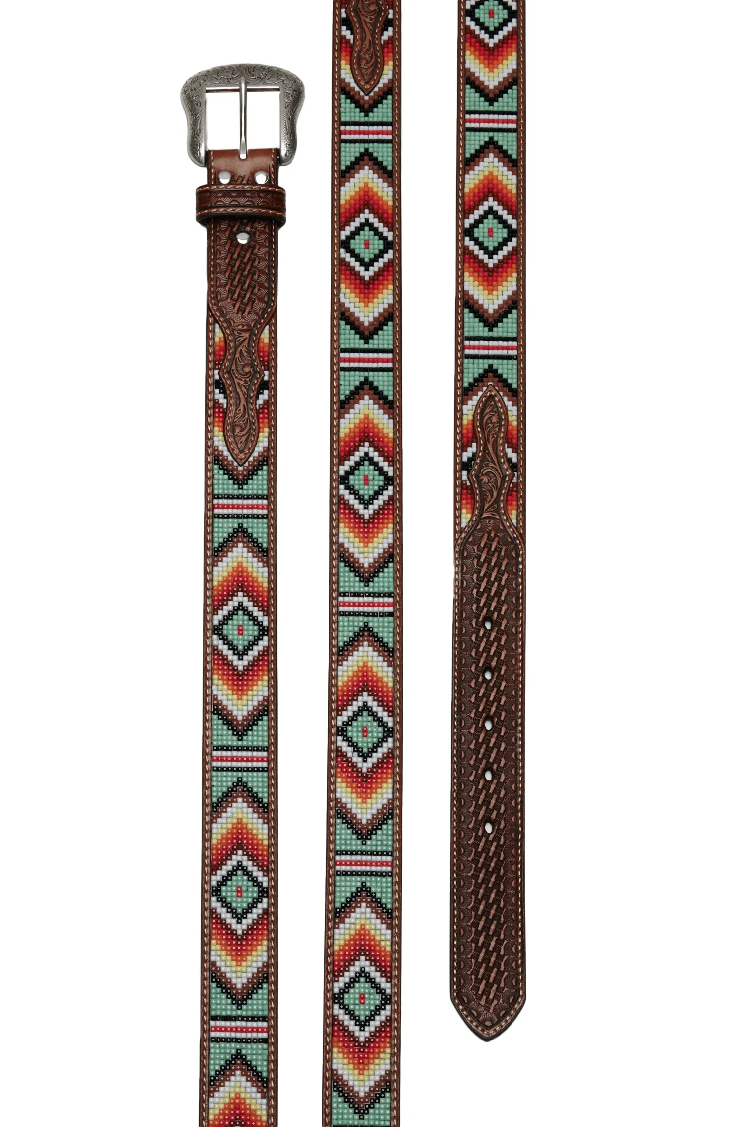 Nocona Men's Brown Leather Basket Weave with Sage Green Colorful Aztec Beading Western Belt