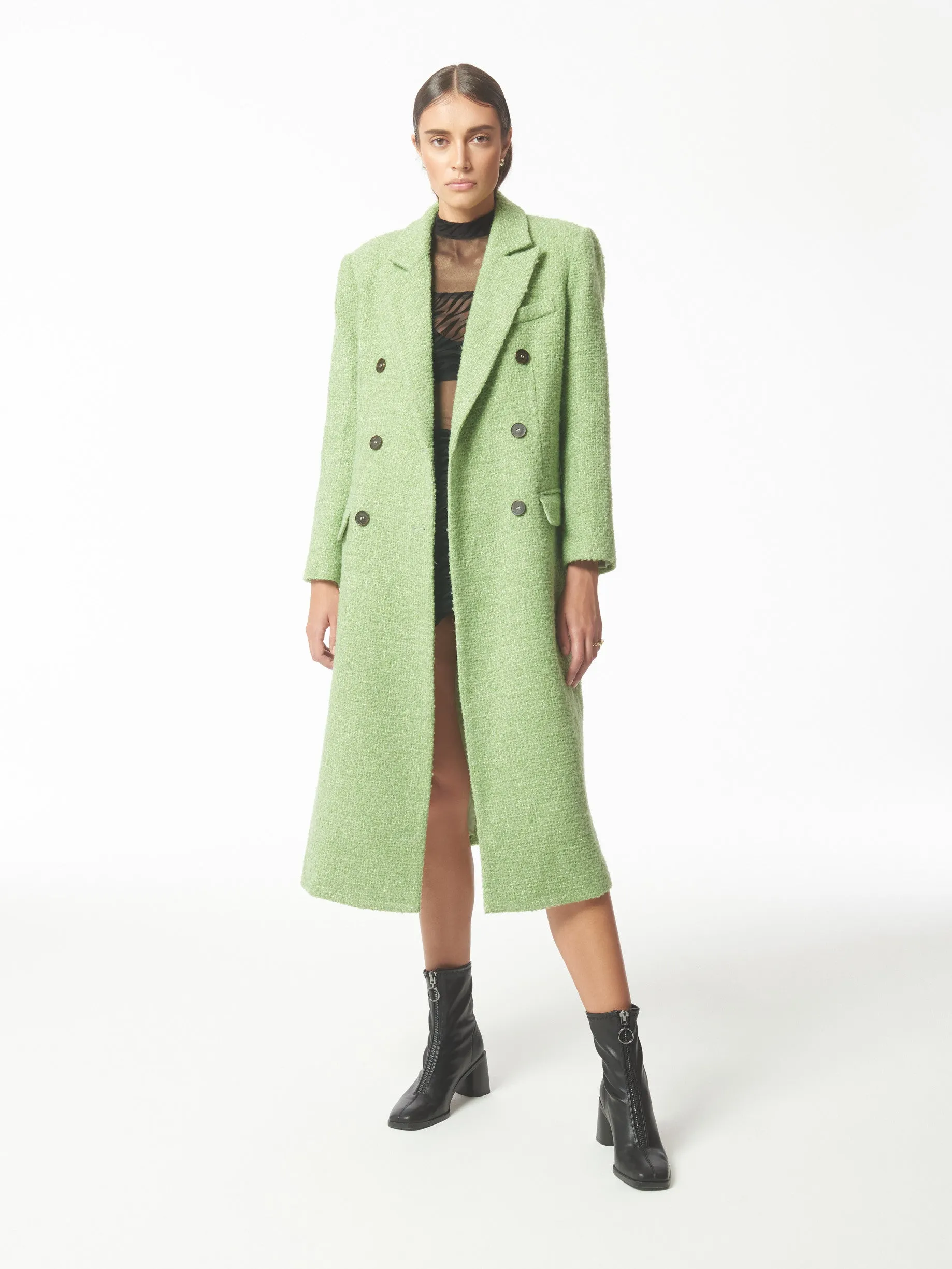 Oversized Metallic Thread Peak-lapels Bouclé Tweed Coat in Pistachio Green