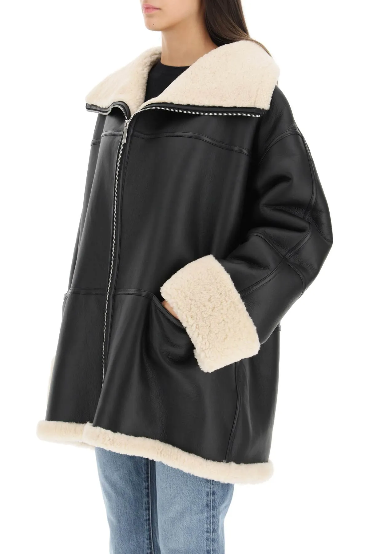 oversized shearling jacket 214 122 606 BLACK/OFF-WHITE