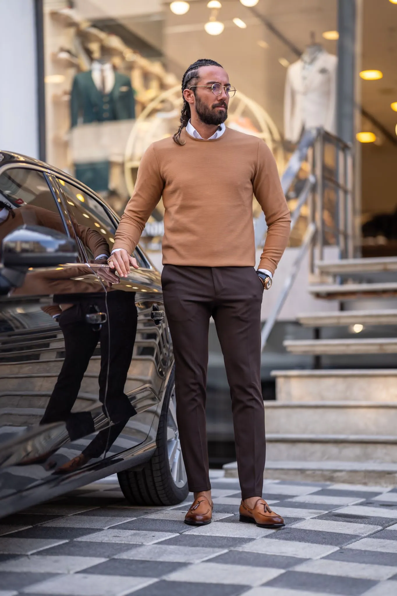 Paul Camel Slim Fit Round Neck Sweater