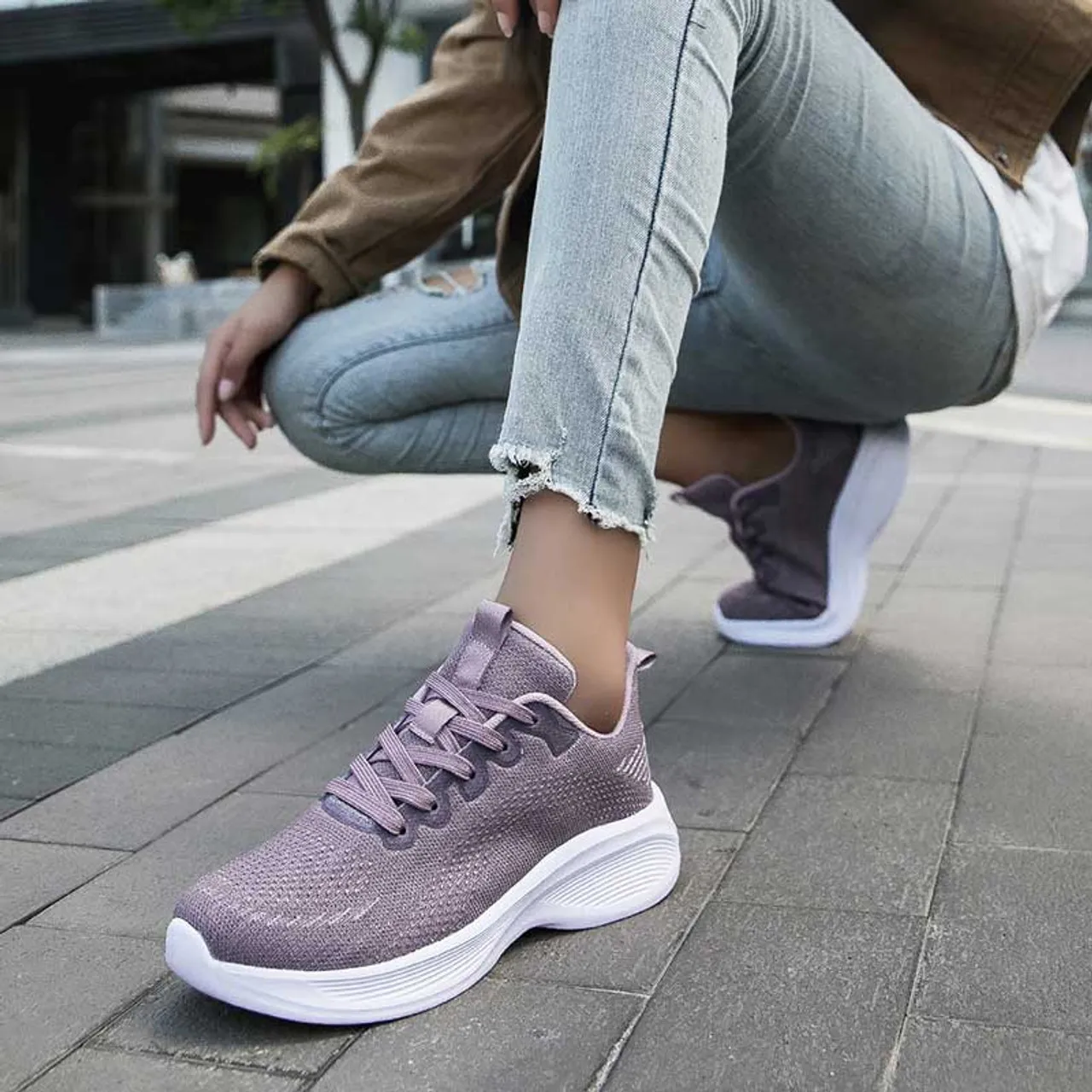 Purple flyknit stripe texture casual shoe sneaker