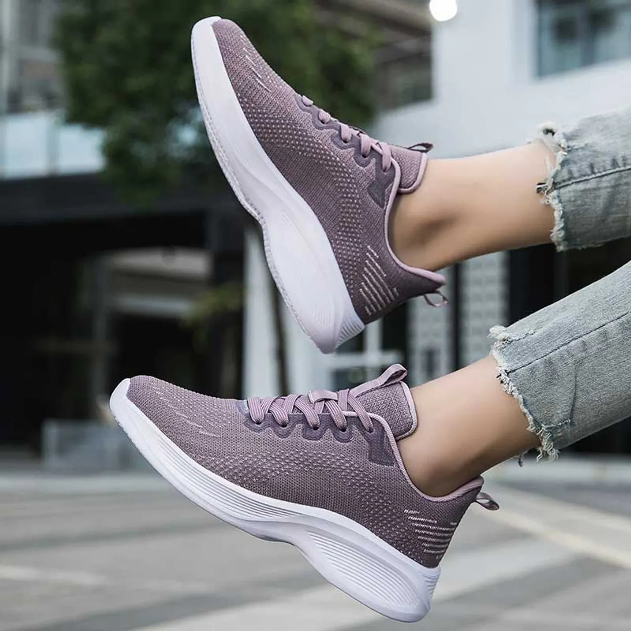 Purple flyknit stripe texture casual shoe sneaker