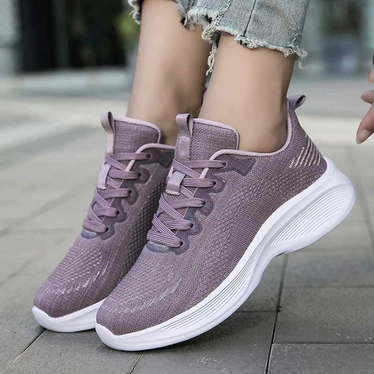 Purple flyknit stripe texture casual shoe sneaker