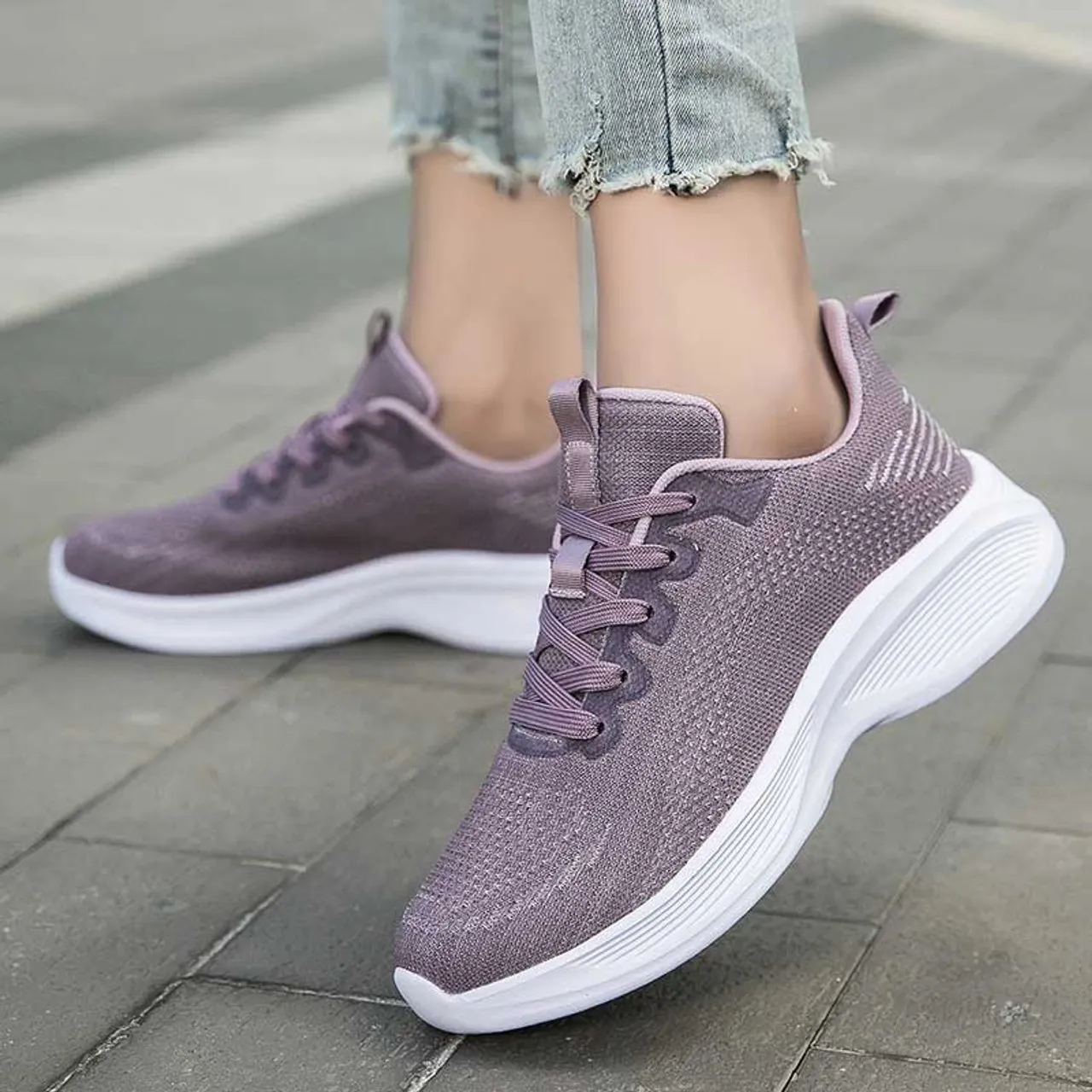 Purple flyknit stripe texture casual shoe sneaker