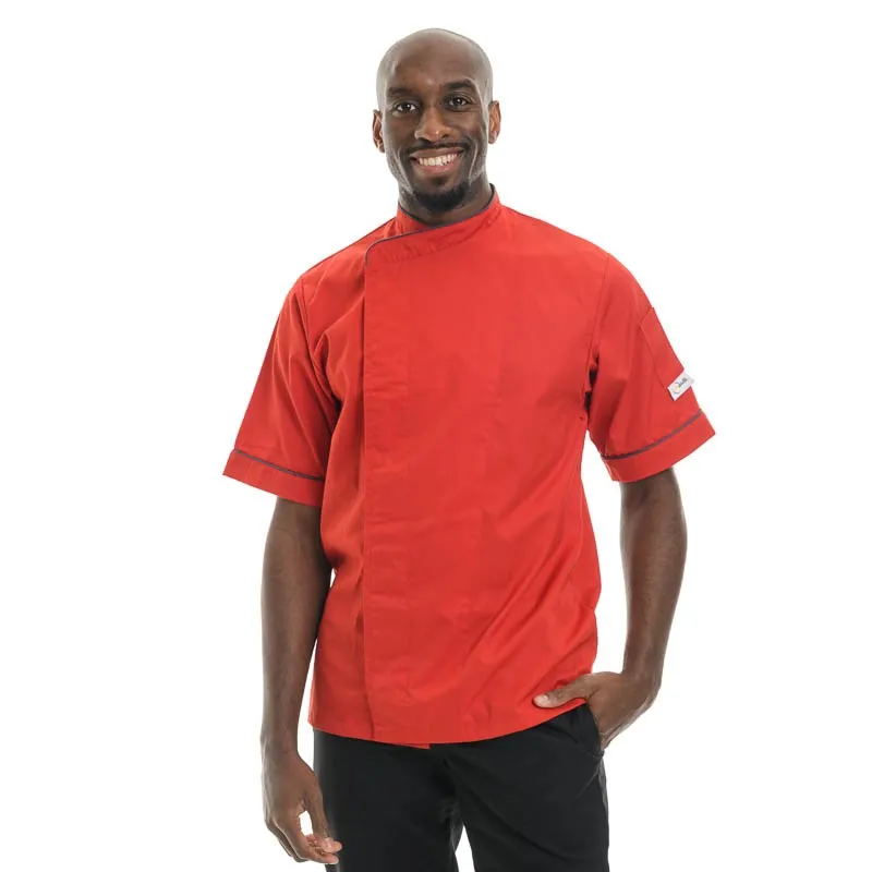 Red Short Sleeve or Long Sleeve Kitchen Coat with Gray Piping  - MANELLI