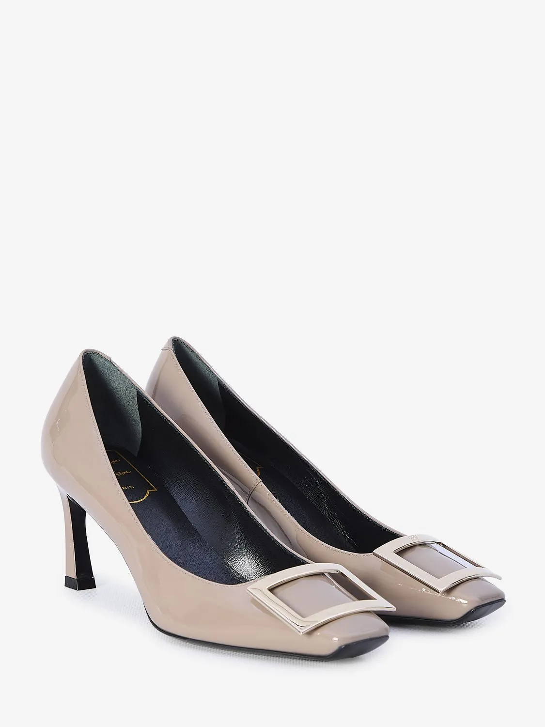 ROGER VIVIER Elegant Grey Patent Leather Pumps with Signature Buckle, 7cm Heel