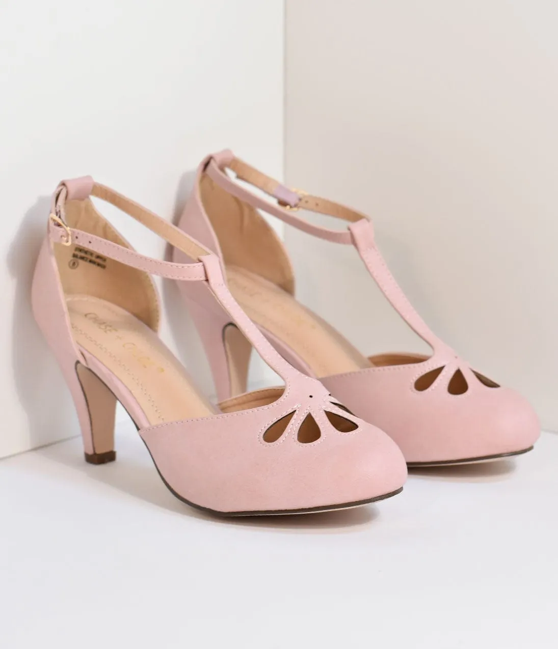 Rose Pink T-Strap Cut Out Kitten Heels