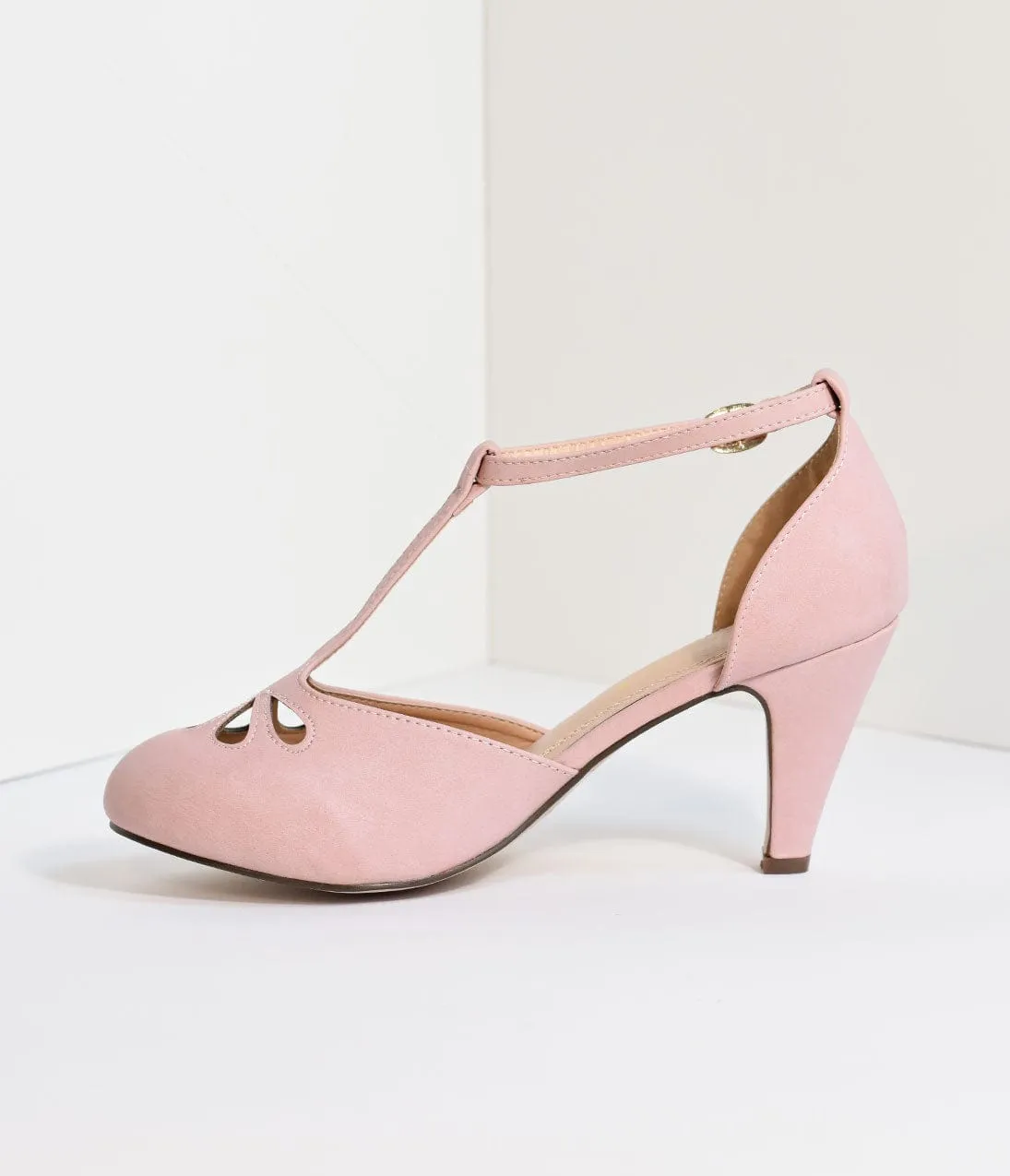 Rose Pink T-Strap Cut Out Kitten Heels