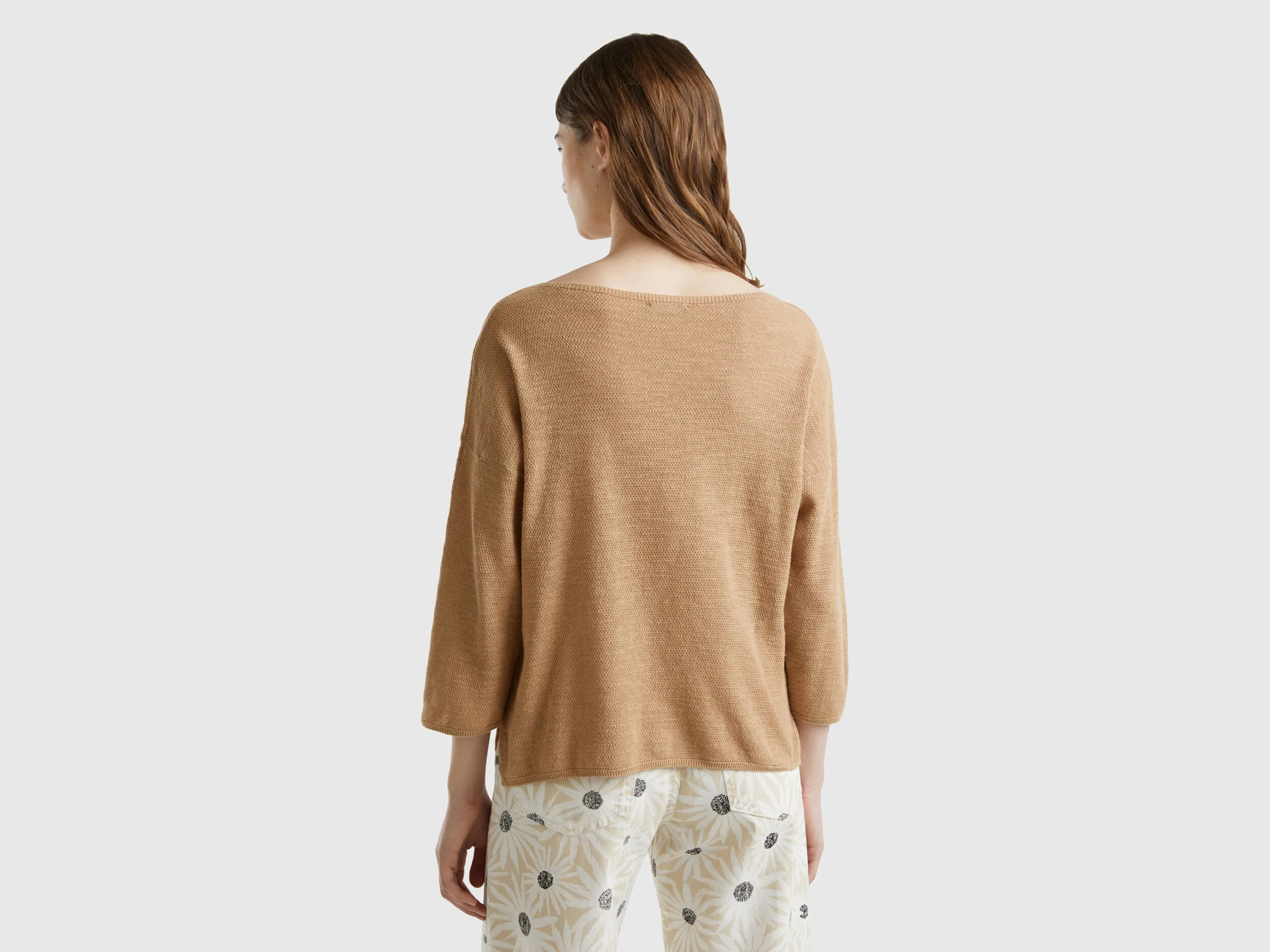 Sweater in linen blend with 3/4 sleeves - Beige | Benetton