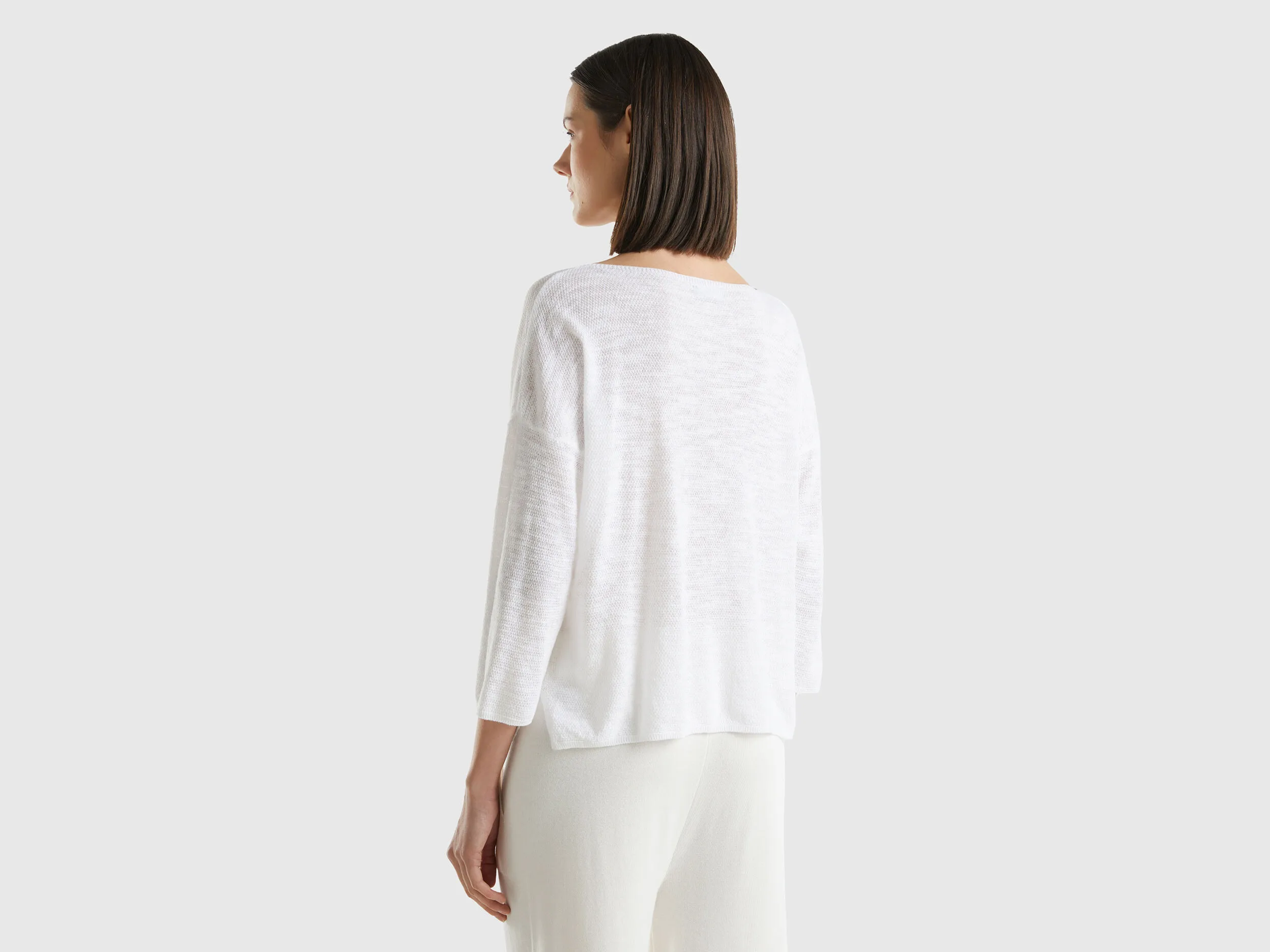 Sweater in linen blend with 3/4 sleeves - White | Benetton