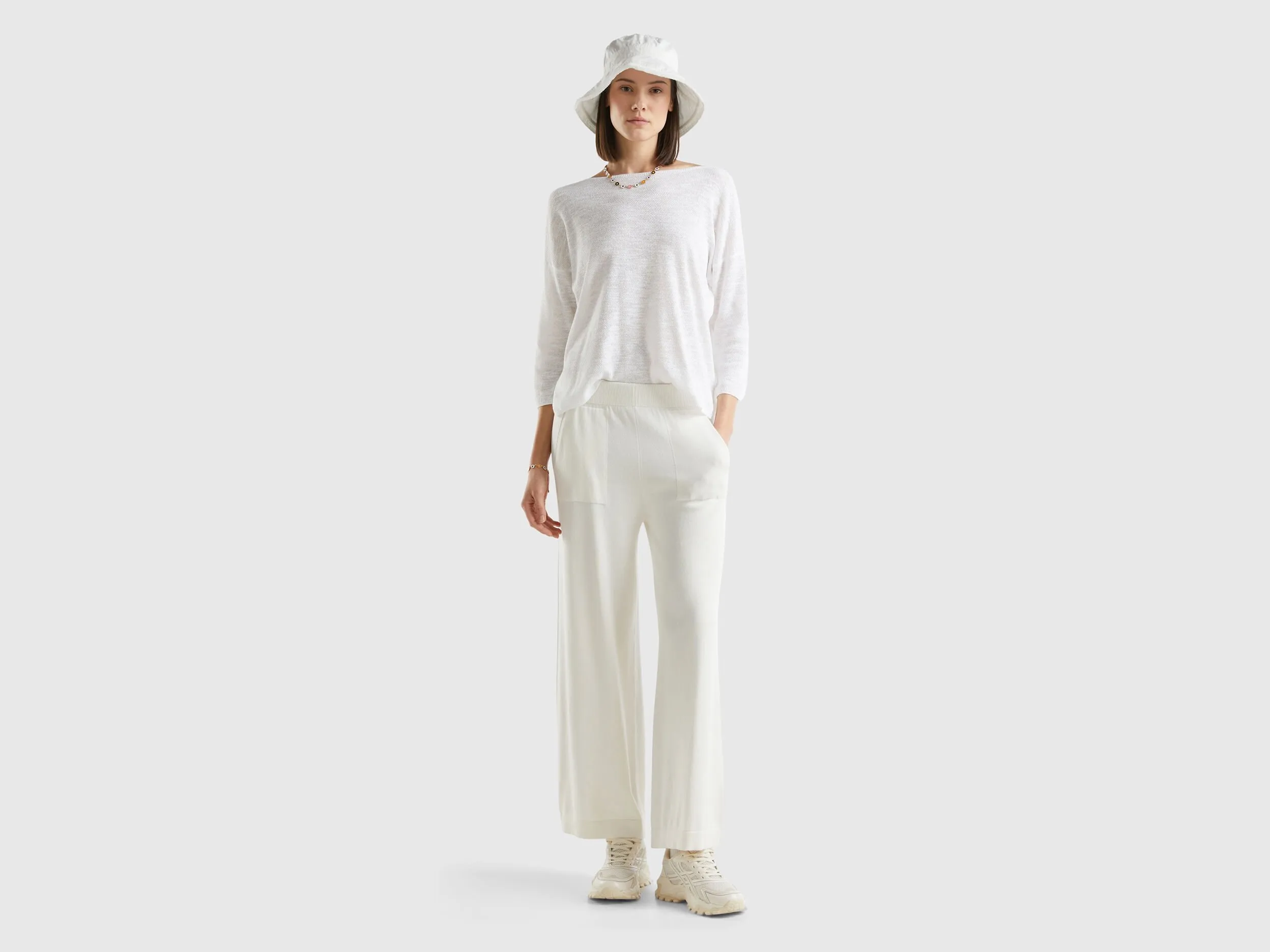 Sweater in linen blend with 3/4 sleeves - White | Benetton