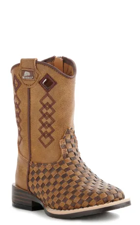 Twister Toddler Brown and Tan Basketweave Wide Square Toe Boots