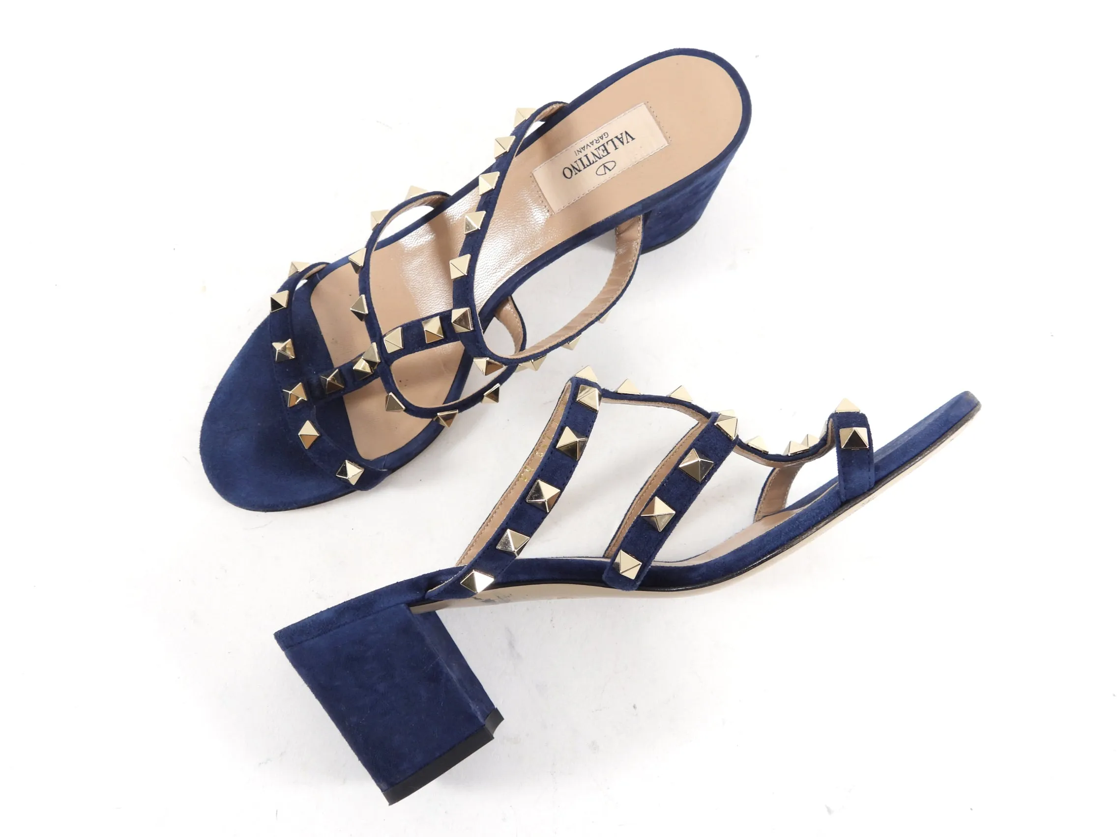 Valentino Dark Blue Suede Rock Stud Block Heel Sandals - 38.5