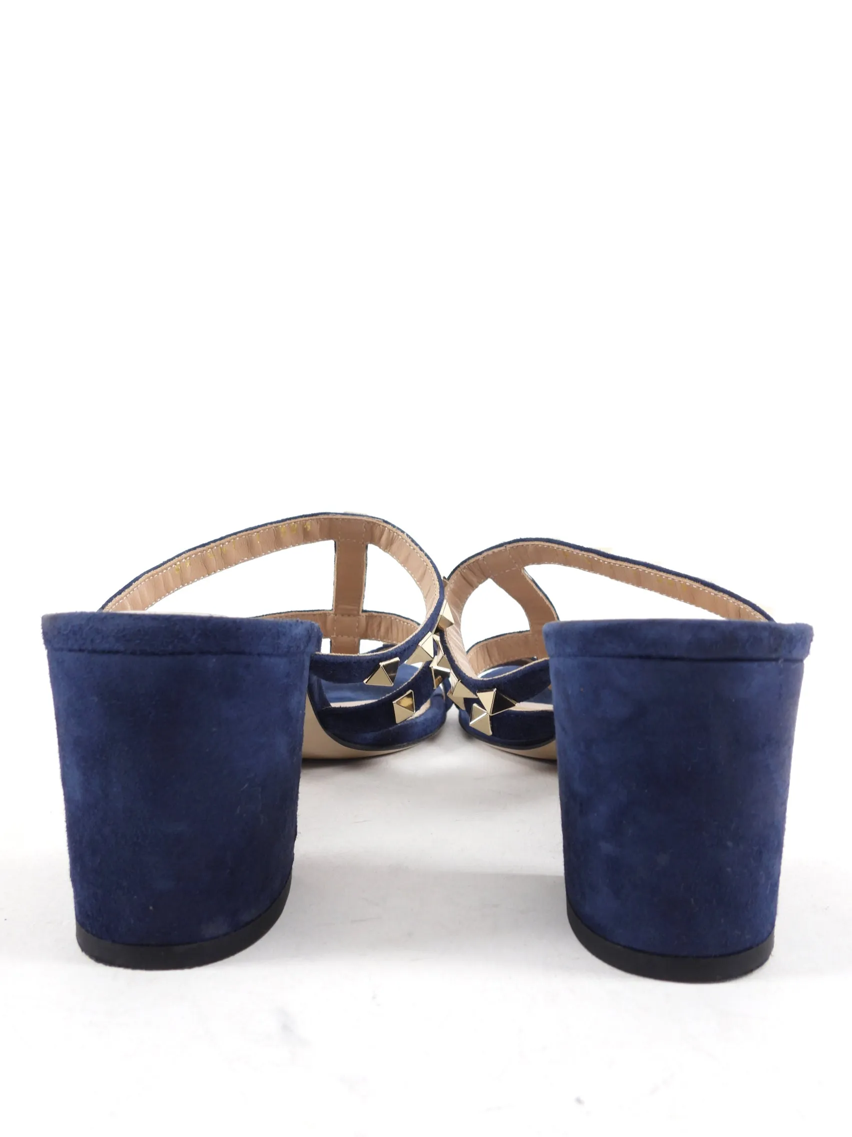 Valentino Dark Blue Suede Rock Stud Block Heel Sandals - 38.5