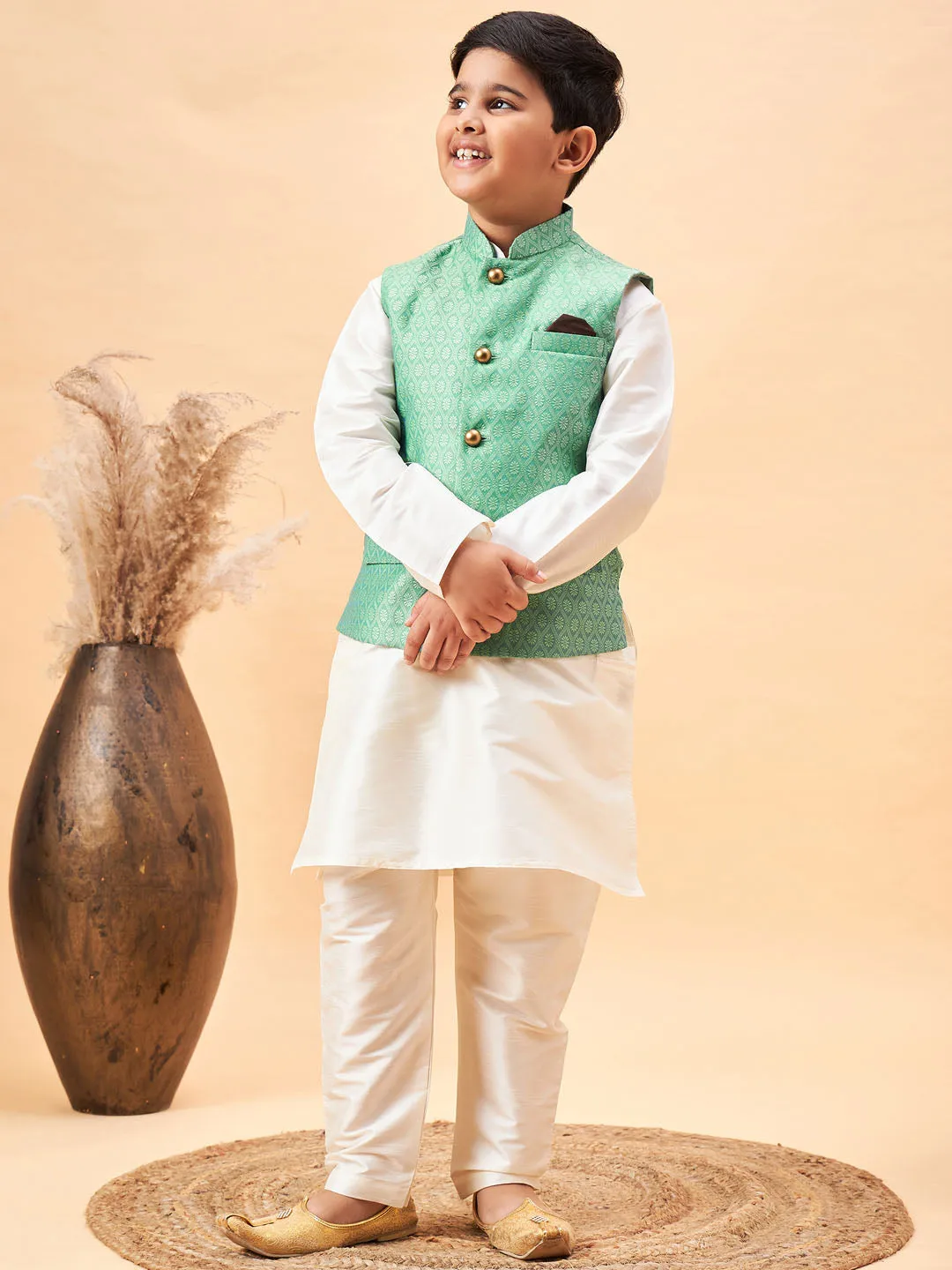 VASTRAMAY Boy's Green Woven Jacket With Cream Kurta and Pyjama Set