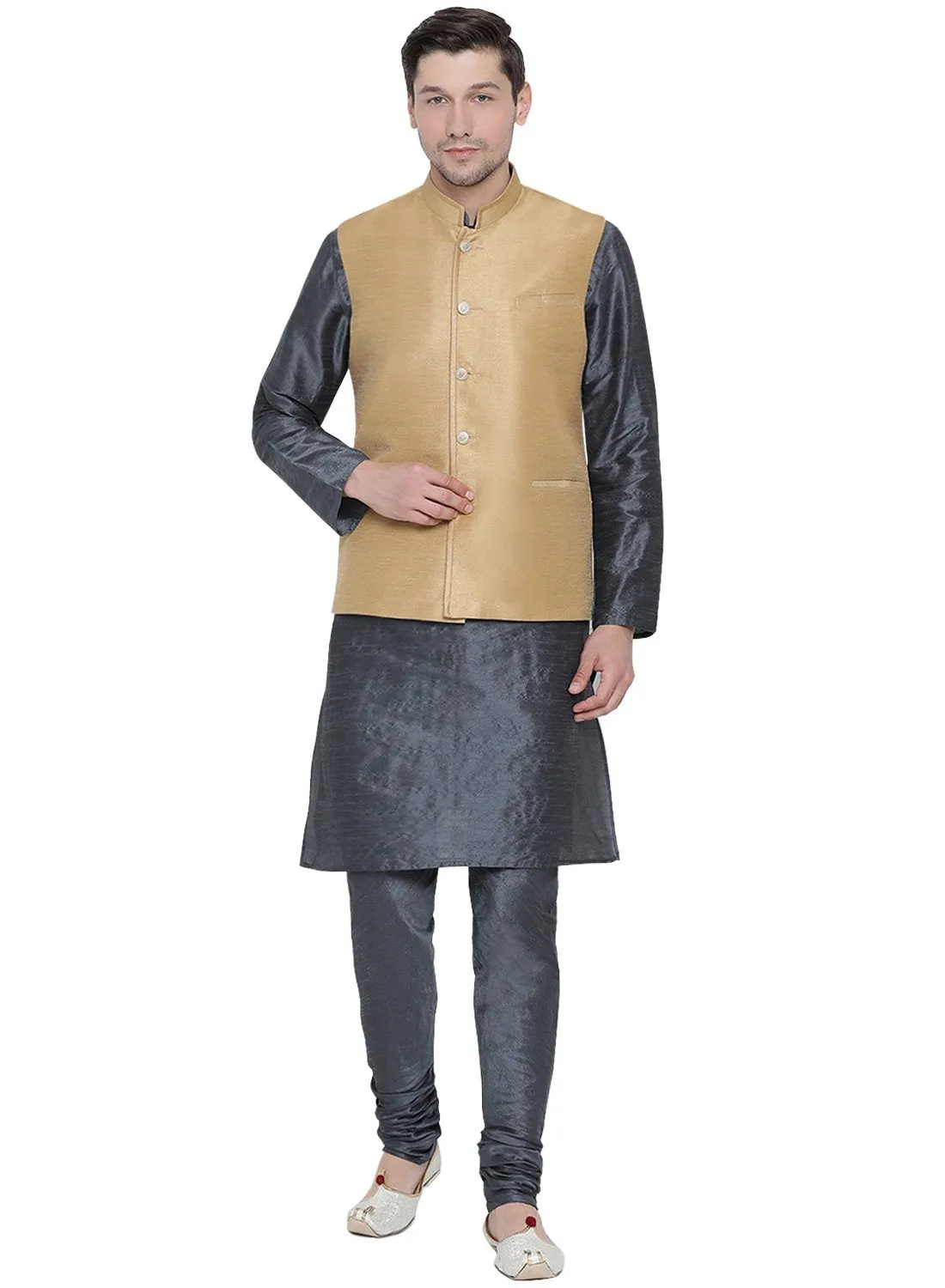 VASTRAMAY Men's Grey Cotton Silk Blend Kurta, Ethnic Jacket and Pyjama Set