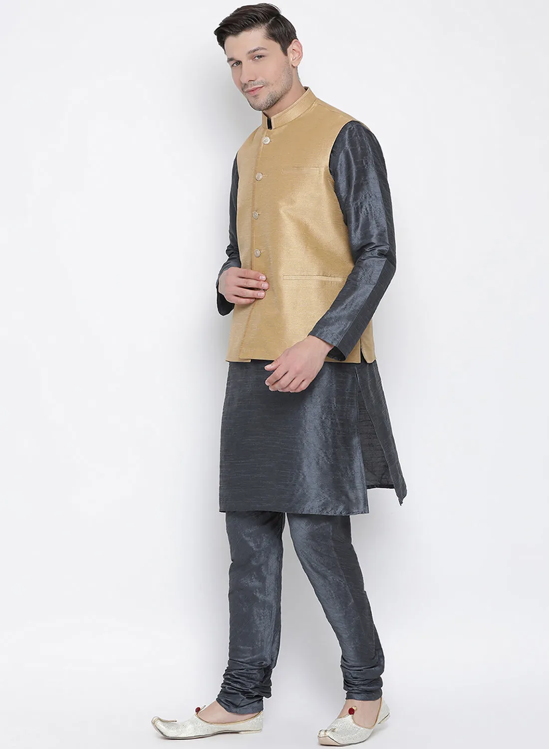 VASTRAMAY Men's Grey Cotton Silk Blend Kurta, Ethnic Jacket and Pyjama Set