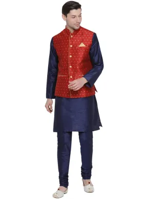 VASTRAMAY Men's Maroon Zari Weaved Jacket With Kurta Pyjama Set