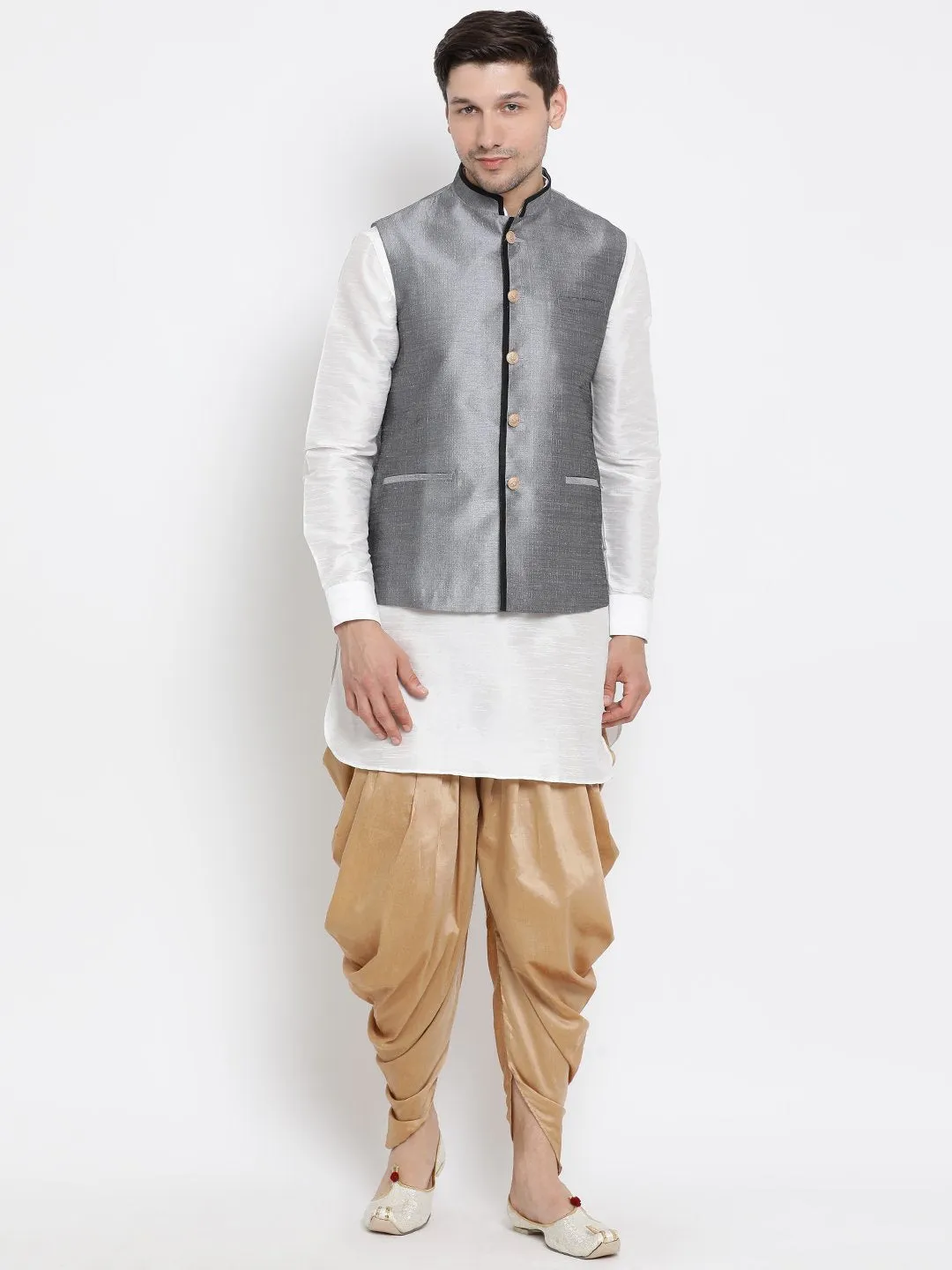 VASTRAMAY Men's White Cotton Silk Blend Ethnic Jacket, Kurta and Dhoti Pant Set