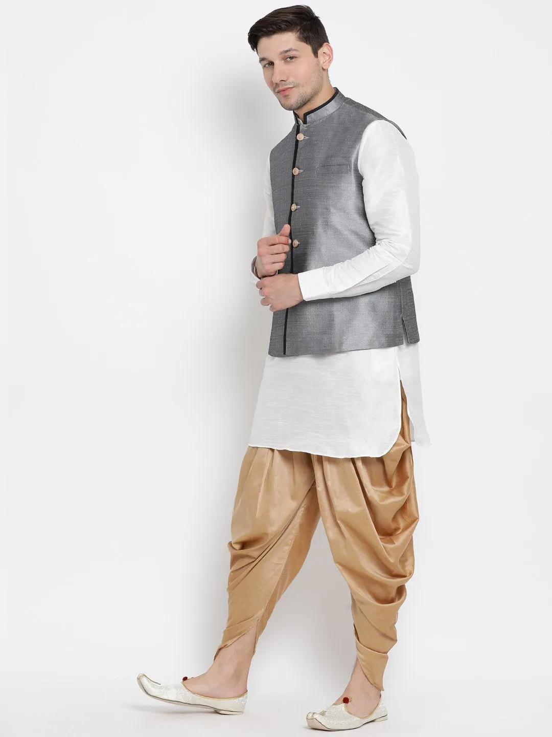 VASTRAMAY Men's White Cotton Silk Blend Ethnic Jacket, Kurta and Dhoti Pant Set