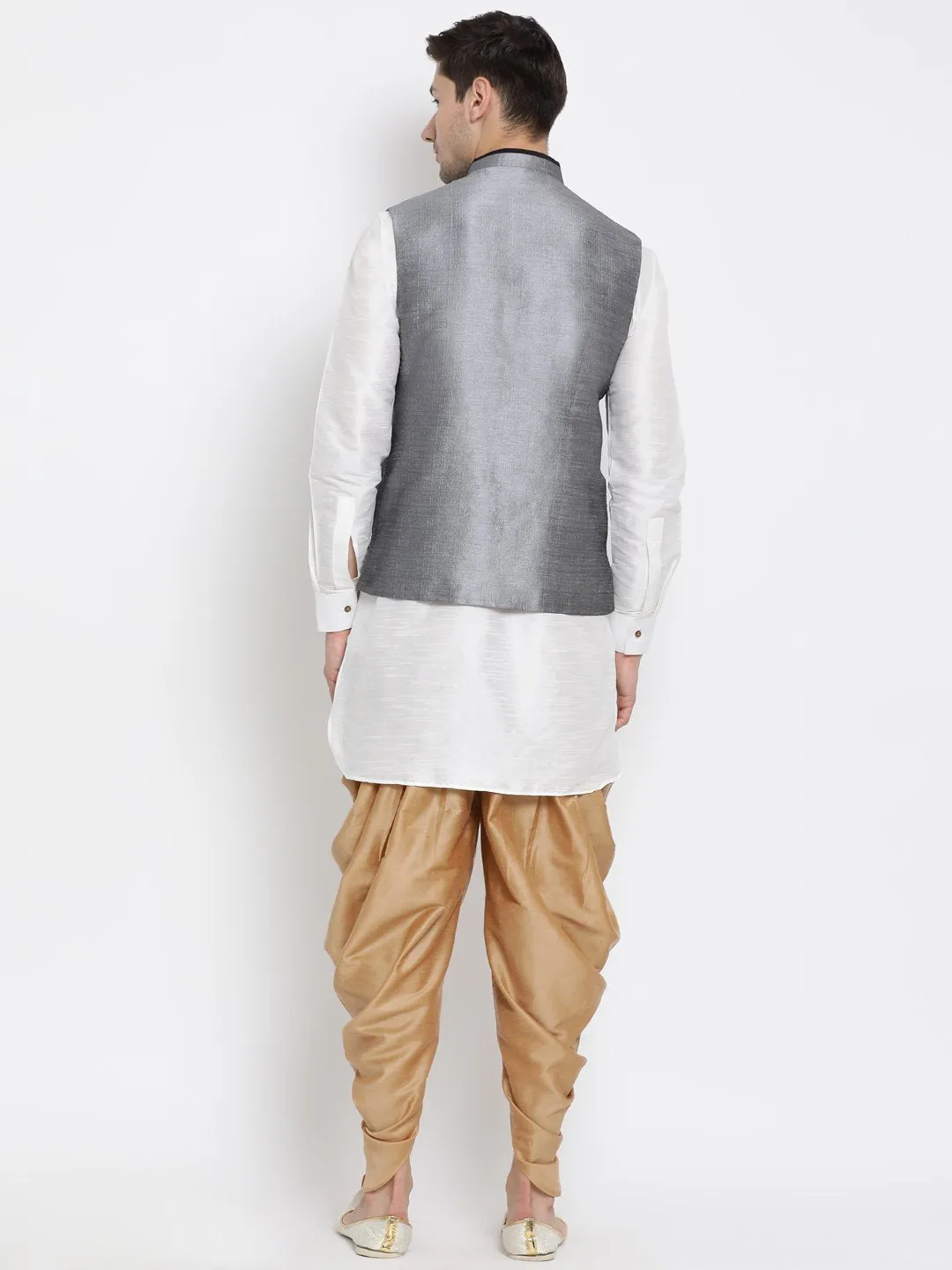 VASTRAMAY Men's White Cotton Silk Blend Ethnic Jacket, Kurta and Dhoti Pant Set