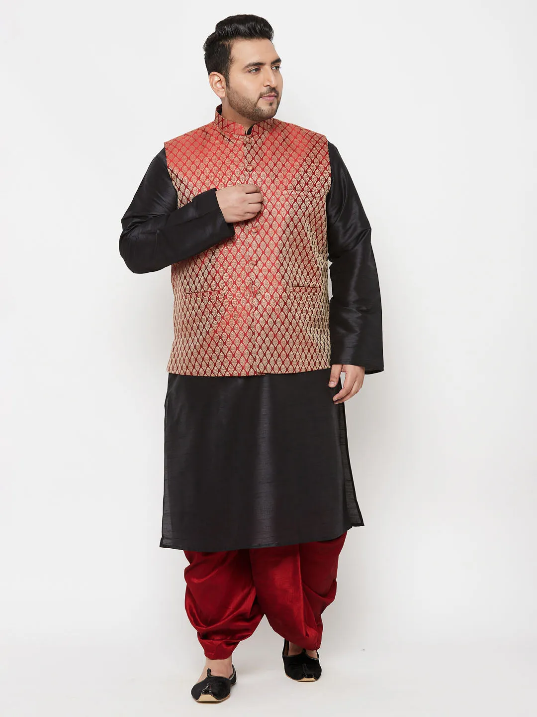 VASTRAMAY PLUS Men's Maroon Nehru Jacket With Black Kurta And Maroon Dhoti Set