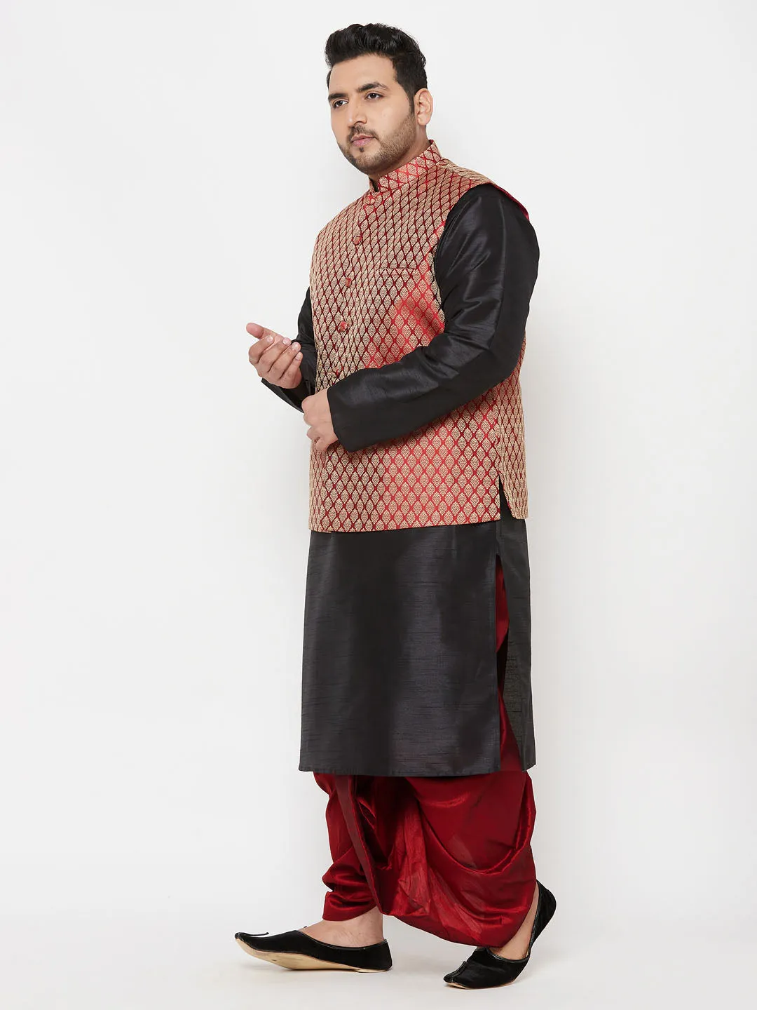 VASTRAMAY PLUS Men's Maroon Nehru Jacket With Black Kurta And Maroon Dhoti Set