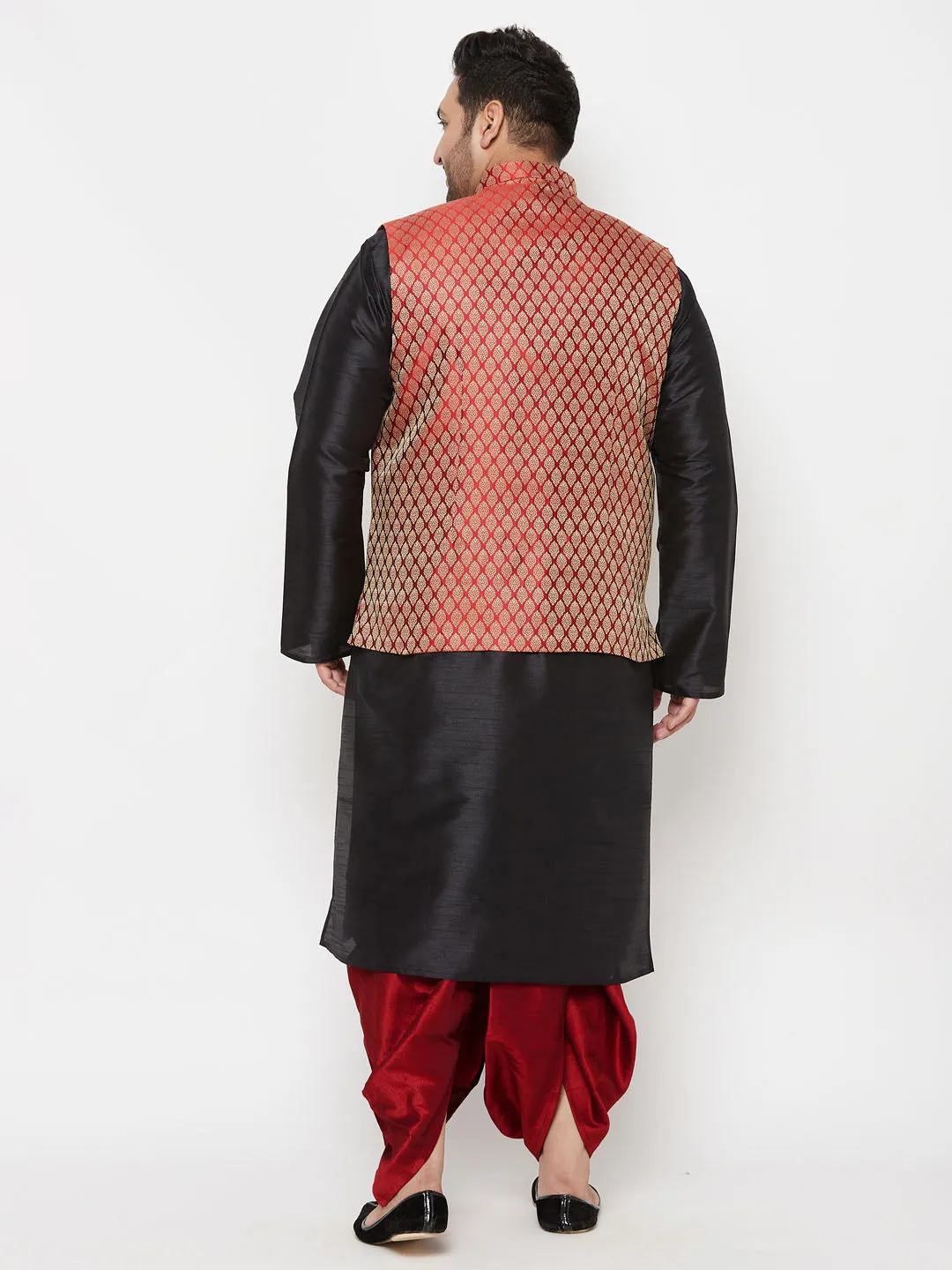 VASTRAMAY PLUS Men's Maroon Nehru Jacket With Black Kurta And Maroon Dhoti Set