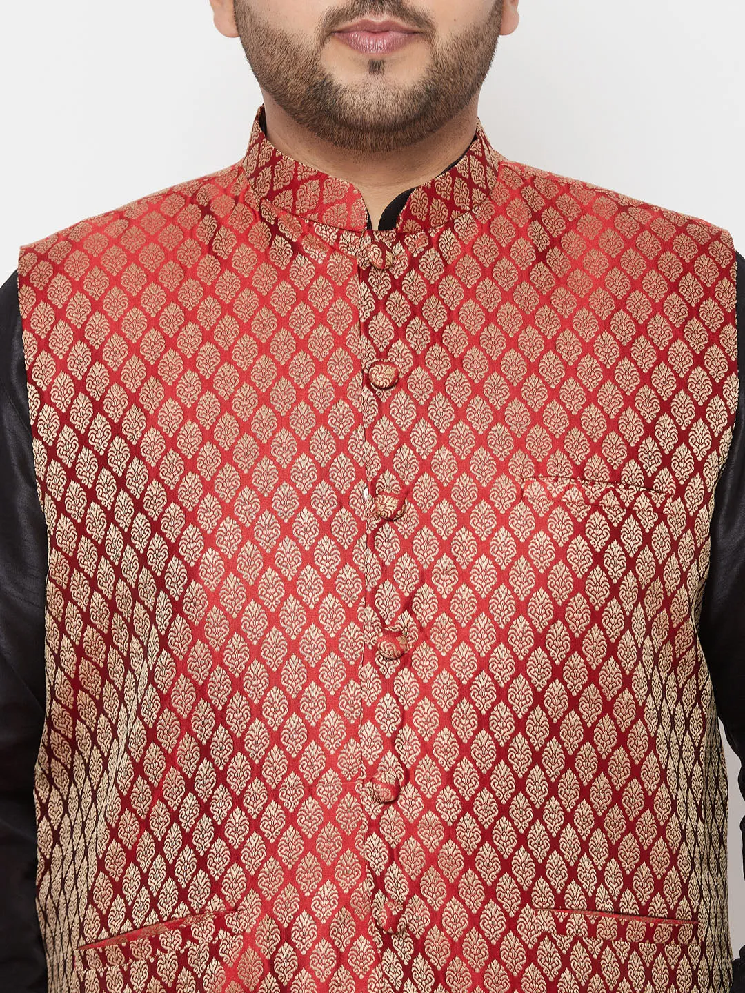 VASTRAMAY PLUS Men's Maroon Nehru Jacket With Black Kurta And Maroon Dhoti Set