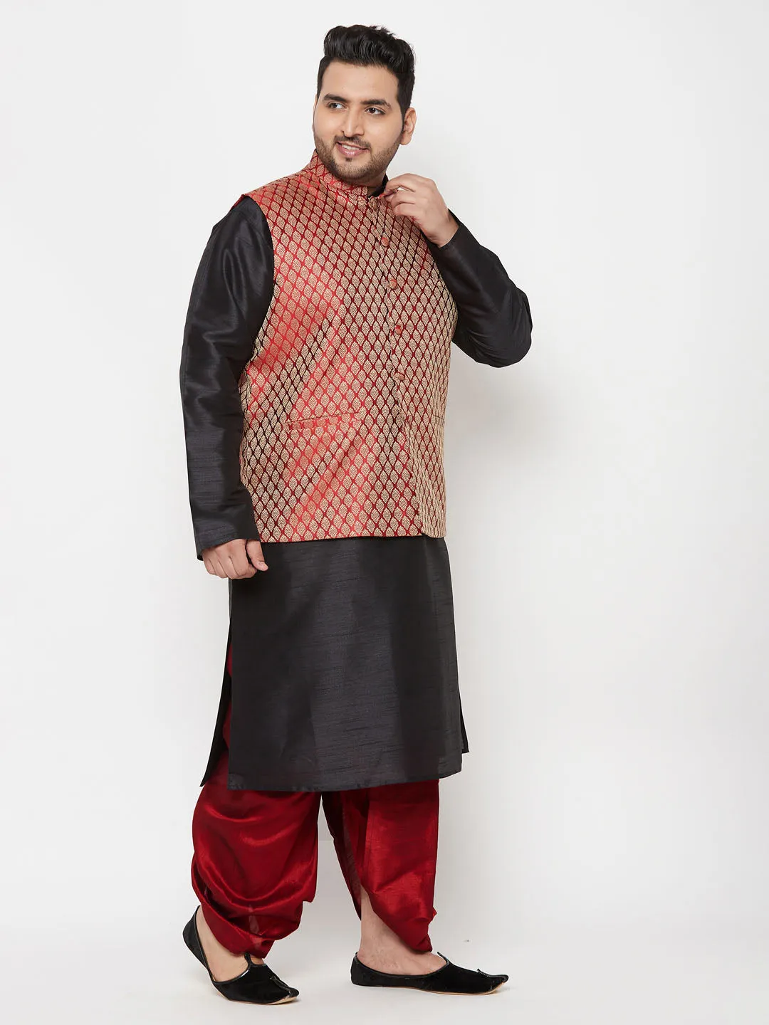 VASTRAMAY PLUS Men's Maroon Nehru Jacket With Black Kurta And Maroon Dhoti Set