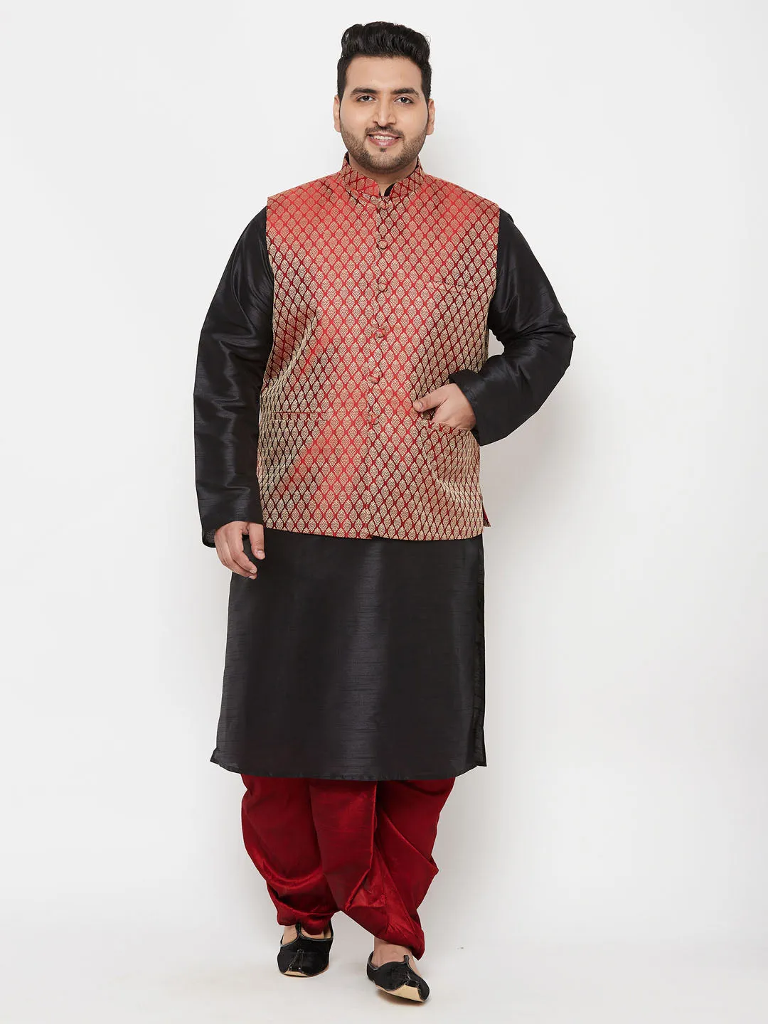 VASTRAMAY PLUS Men's Maroon Nehru Jacket With Black Kurta And Maroon Dhoti Set