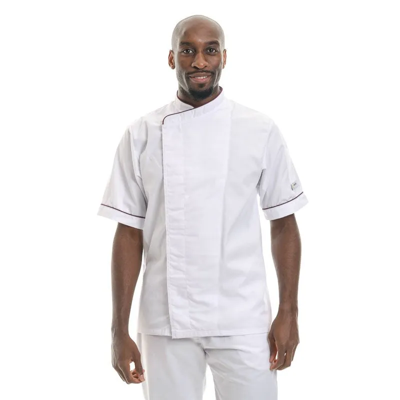 White Chef Coat with Burgundy Border Short Sleeve or Long Sleeve - MANELLI