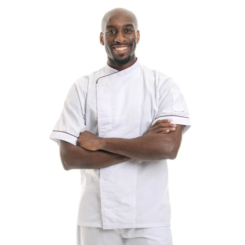 White Chef Coat with Burgundy Border Short Sleeve or Long Sleeve - MANELLI