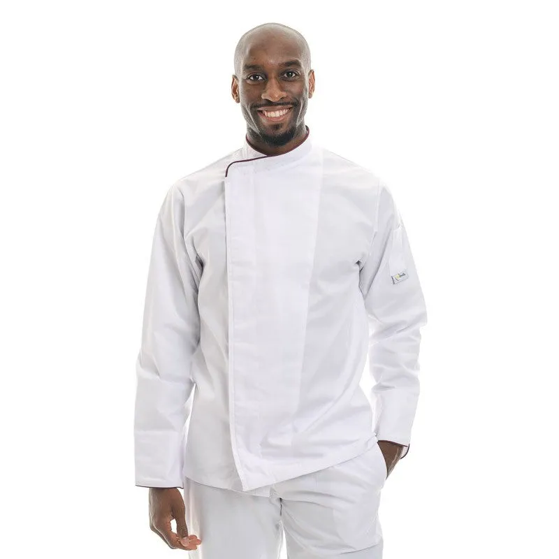 White Chef Coat with Burgundy Border Short Sleeve or Long Sleeve - MANELLI