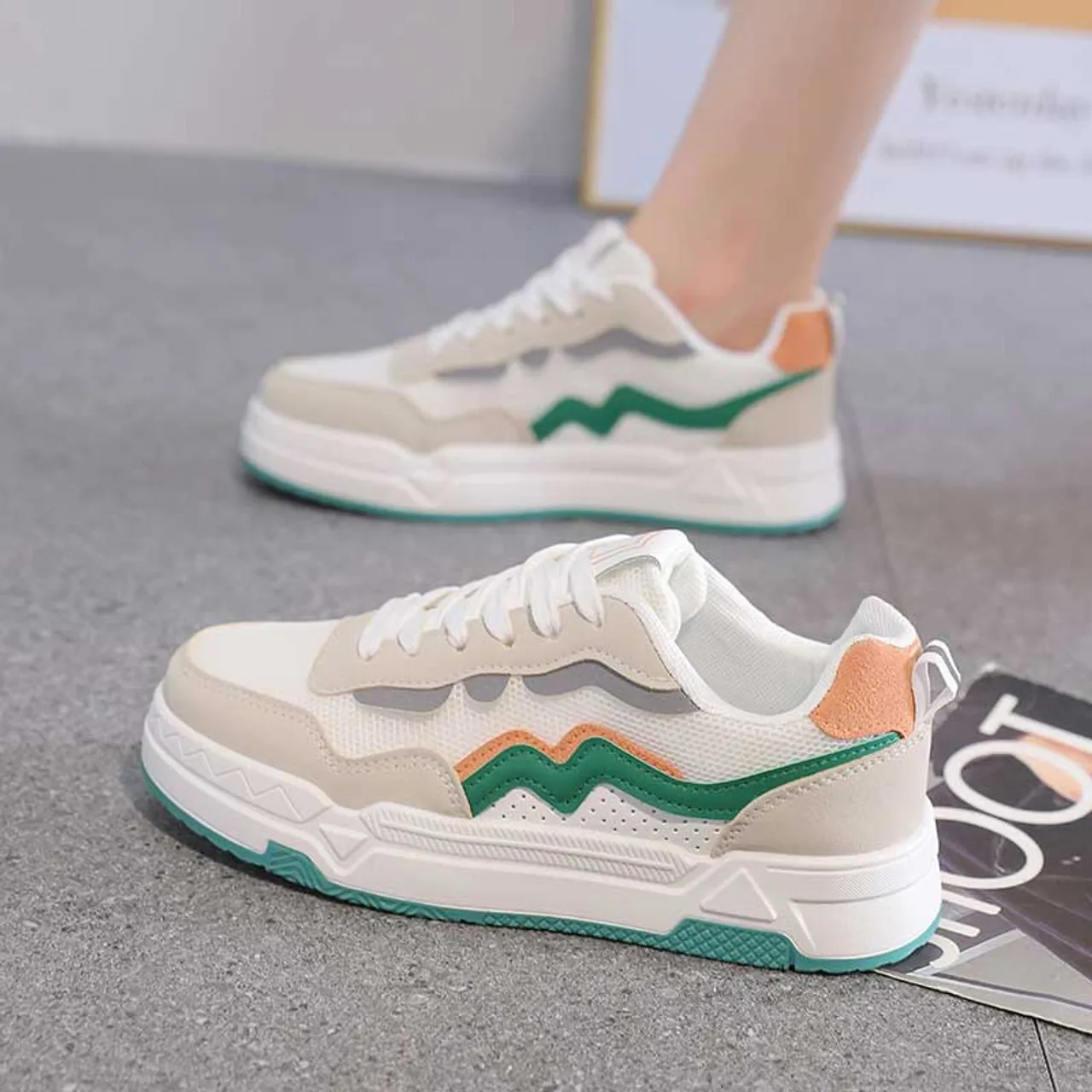 White green wave accents pattern shoe sneaker